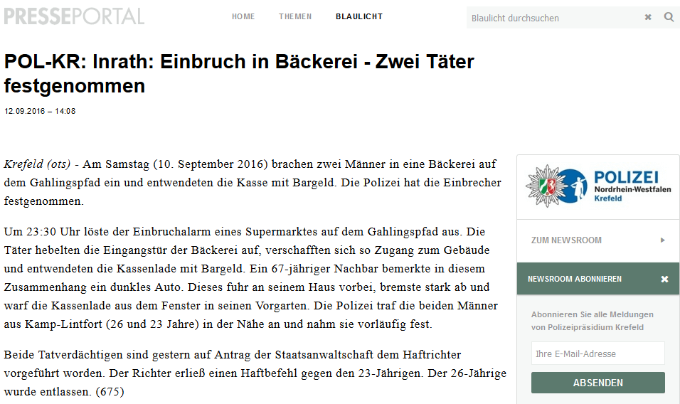 Einbrecher Bäcker Krefeld